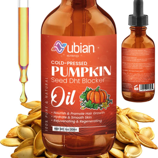Nubian Nutrified pumpkin seed oil bottle shows premium, pure formula for scalp nourishment.