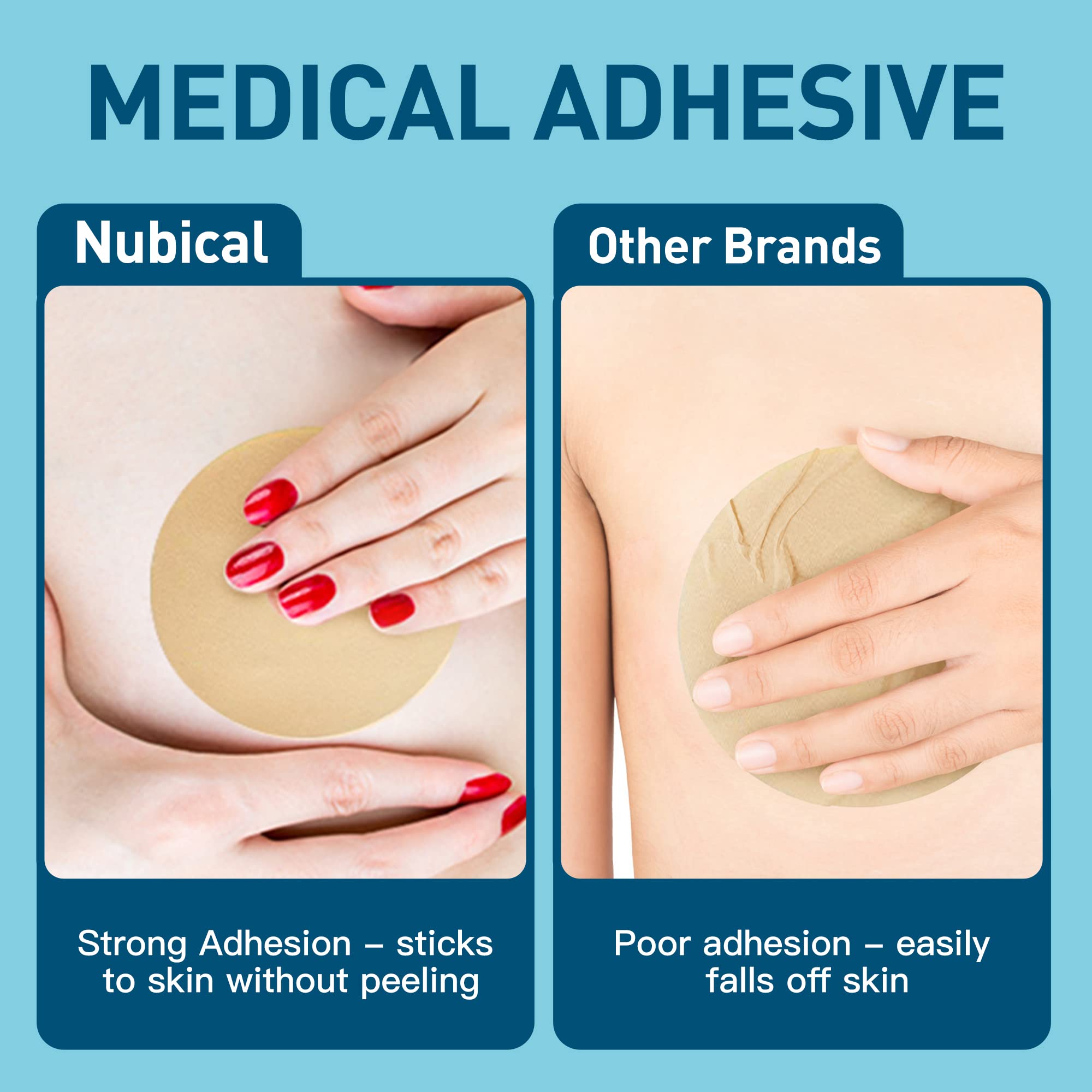 Nubical silicone sheets with removable adhesive film stay secure during wear.