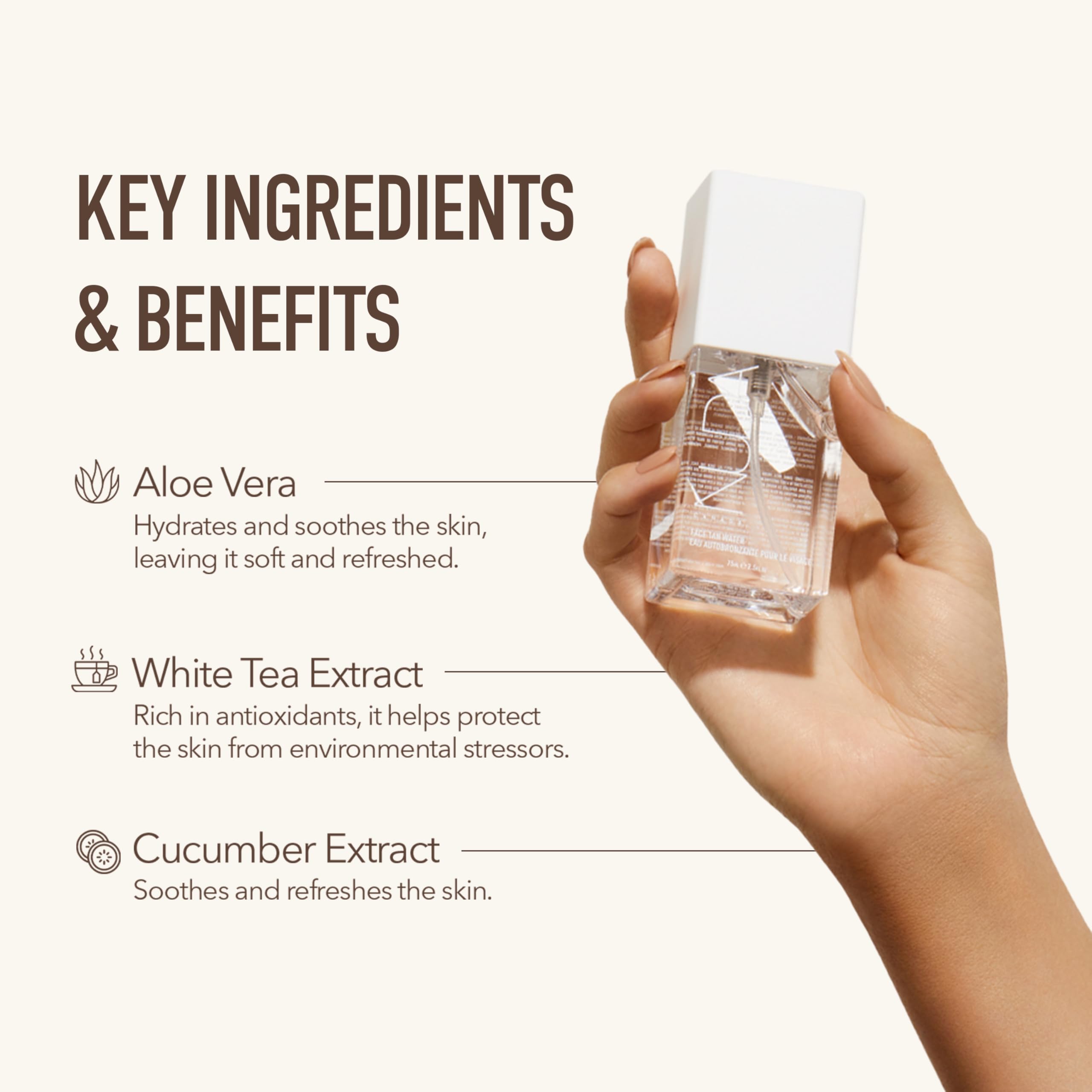 Nuda CloudMist Face Tan Water includes vitamin E and white tea extract.