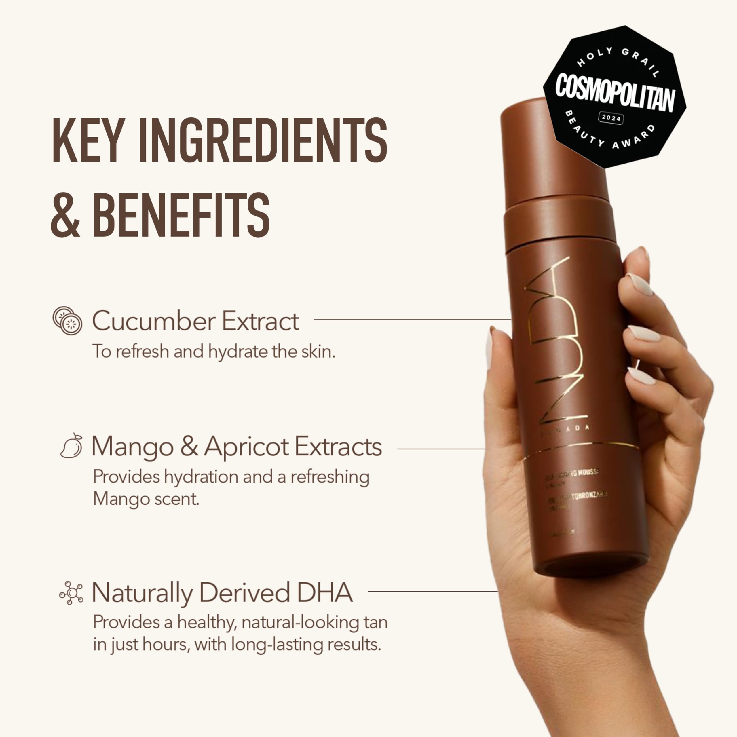 Nuda Ultra Dark BronzeFoam ingredients highlight coconut oil and cucumber for hydration