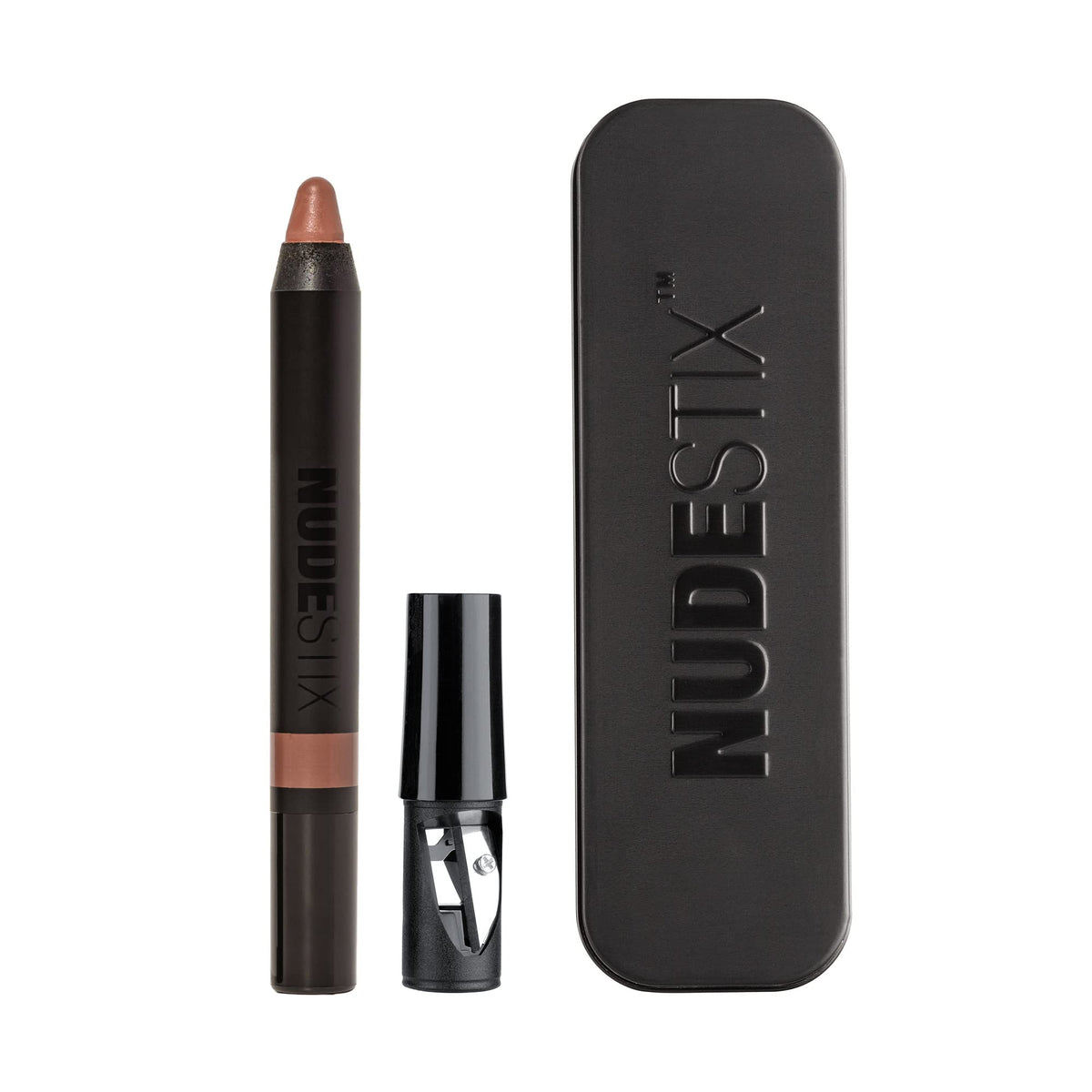 Nudestix Intense Matte Lip + Cheek Pencil Sunkissed Nude swatches show warm beige-mauve shade.