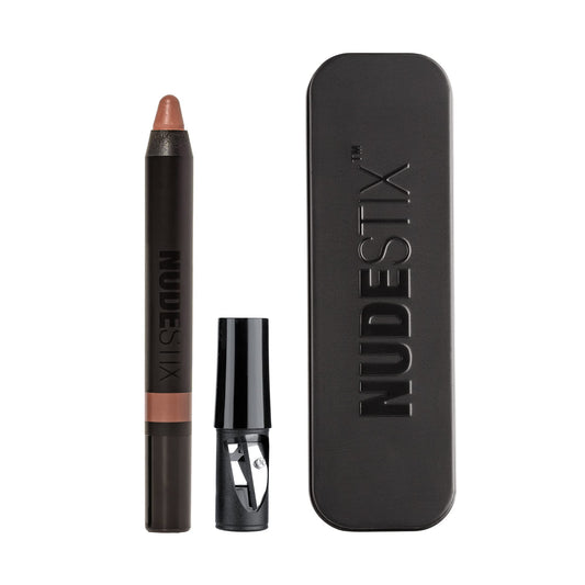Nudestix Intense Matte Lip + Cheek Pencil Sunkissed Nude swatches show warm beige-mauve shade.