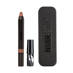 Nudestix Intense Matte Lip + Cheek Pencil Sunkissed Nude swatches show warm beige-mauve shade.