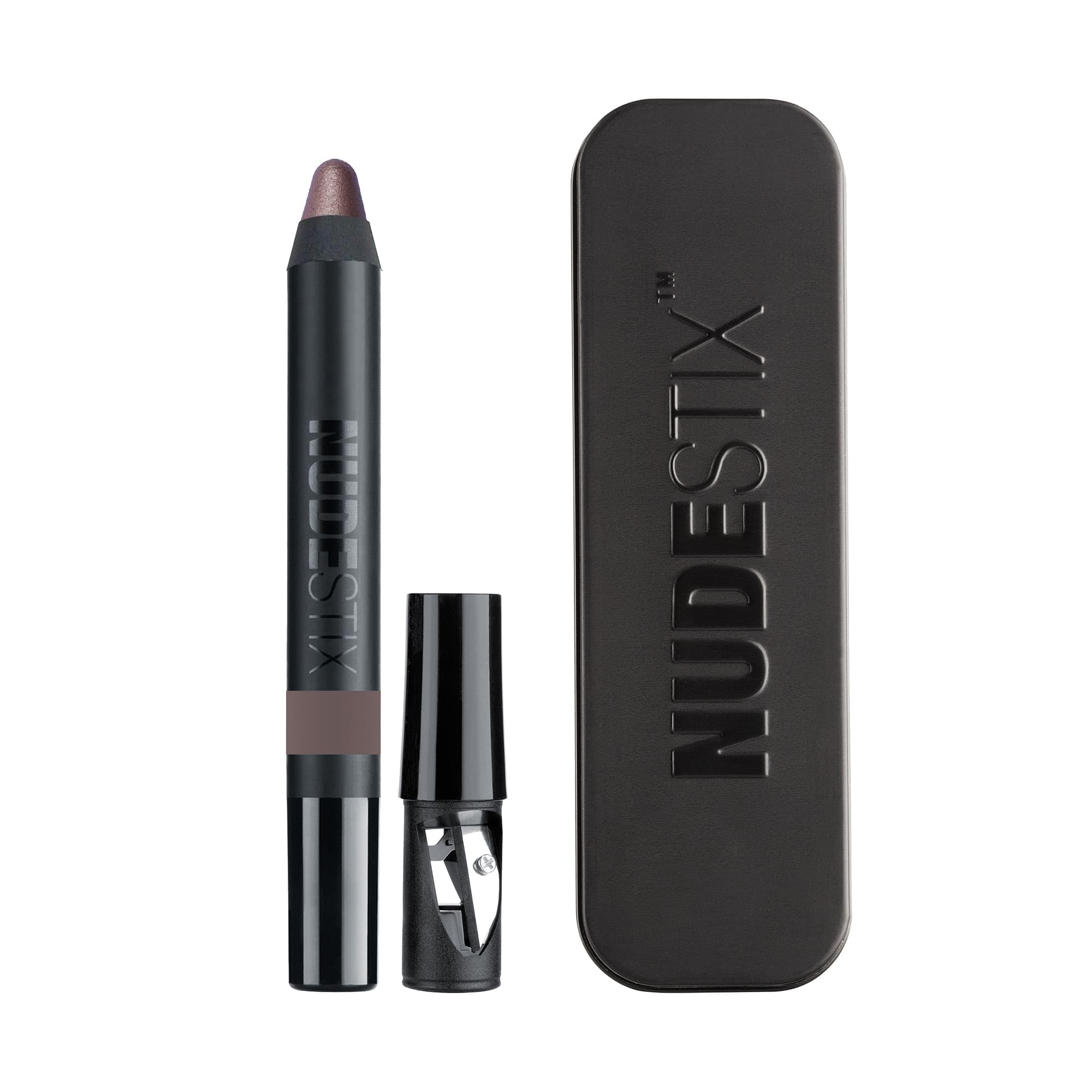 Nudestix Magnetic Luminous Eye Color Bright Eyes swatch shows champagne shimmer with long wear.