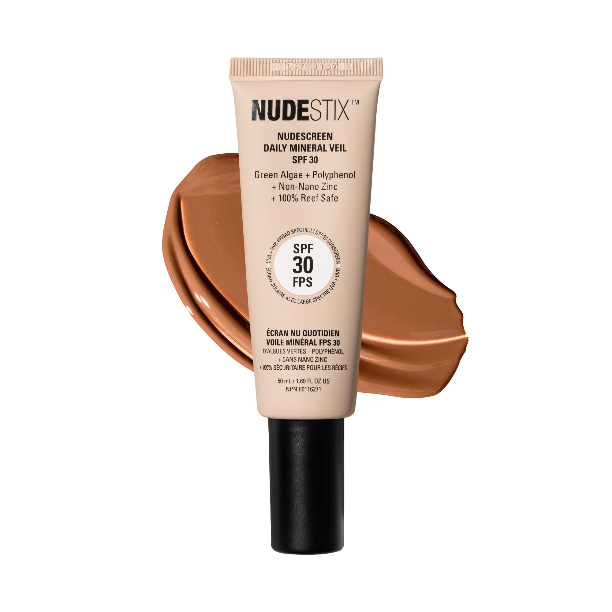 Nudestix Nudescreen SPF 30 bottle front in warm tint for daily, lightweight protection.