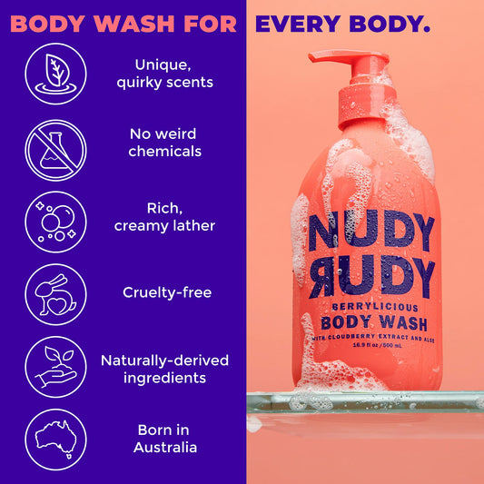 Nudy Rudy Berrylicious bar soap on display highlights a creamy, lasting cleansing experience