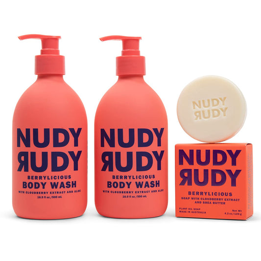 Nudy Rudy Berrylicious bottle pour shows rich lather for a refreshing morning wash