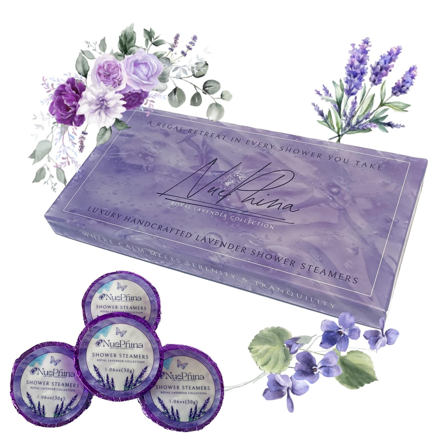 Closeup of NuePhina lavender steamers highlighting natural ingredients.