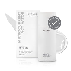 NuFACE Aqua Gel Activator bottle closeup showing hydrating conductivity for microcurrent sessions.
