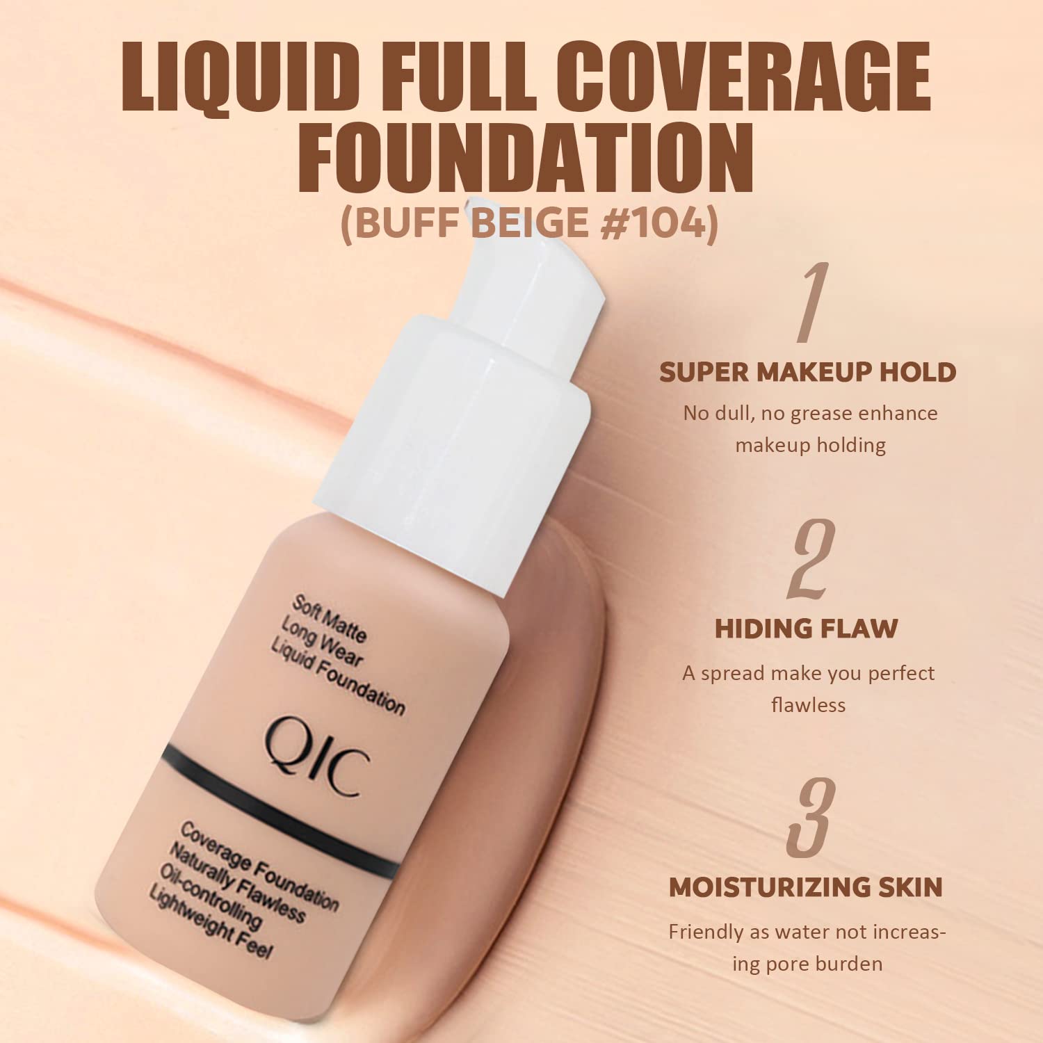 NUIBO buff beige liquid foundation providing smooth, balanced skin tone.