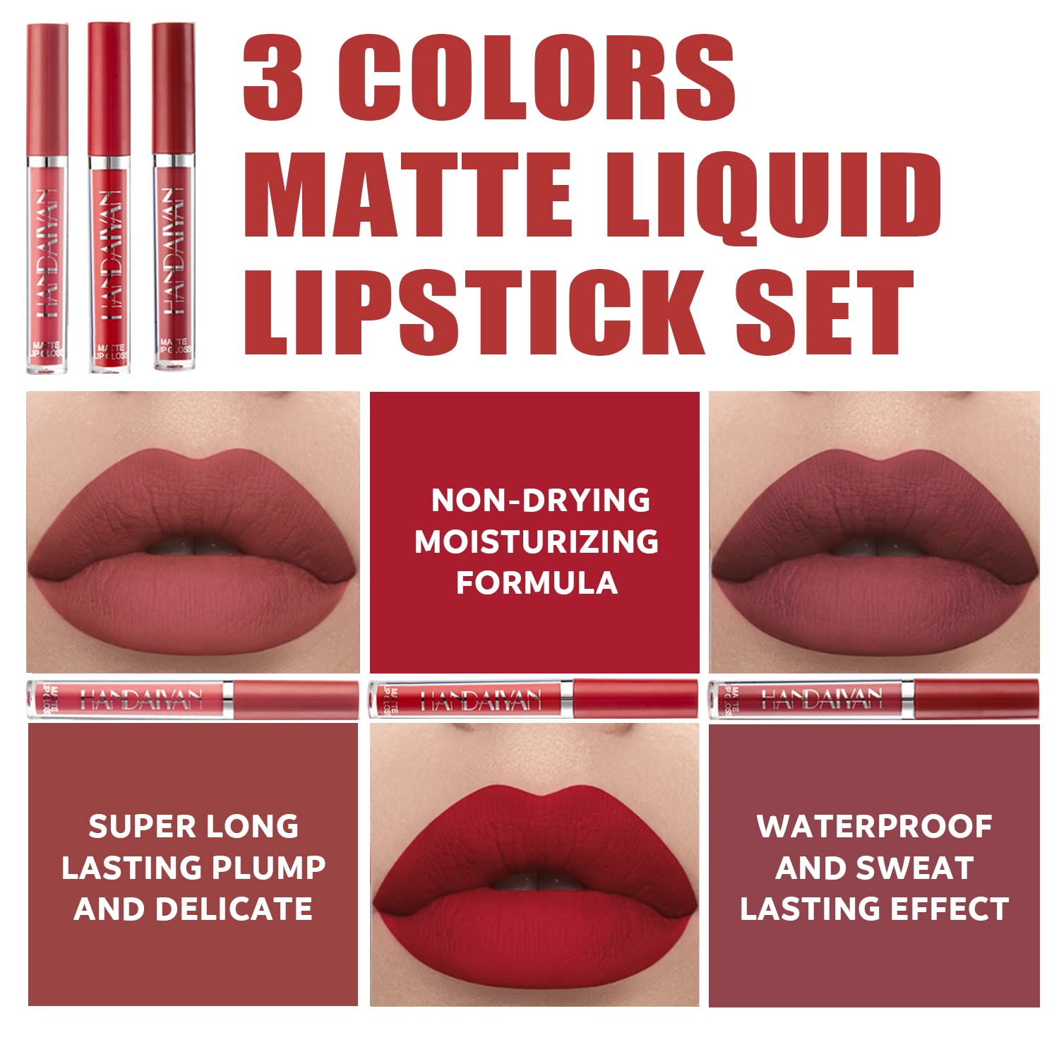 NUIBO lipstick trio for lasting color and soft comfort.