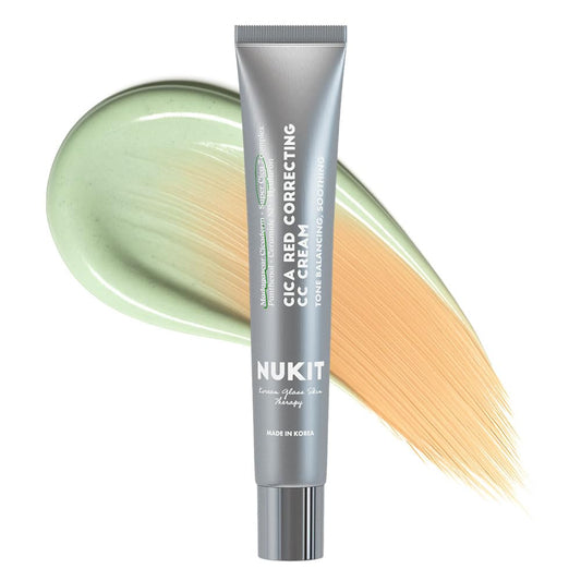 NUKIT Cica Red Correcting CC Cream bottle showing green-to-beige color correction.