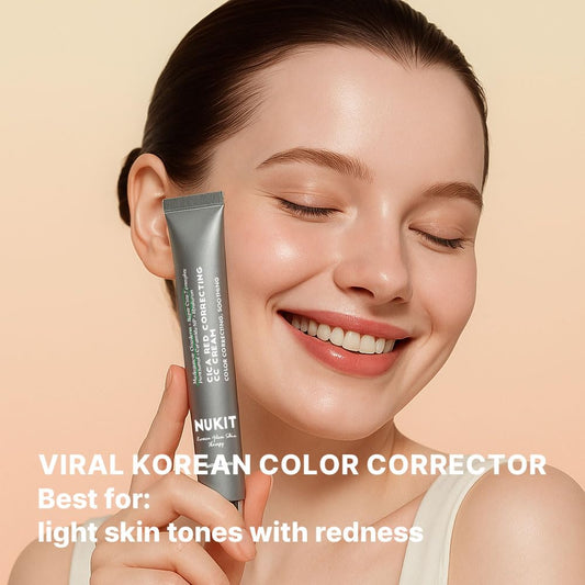 NUKIT Cica Red Correcting CC Cream swatch on skin reveals natural beige tone.