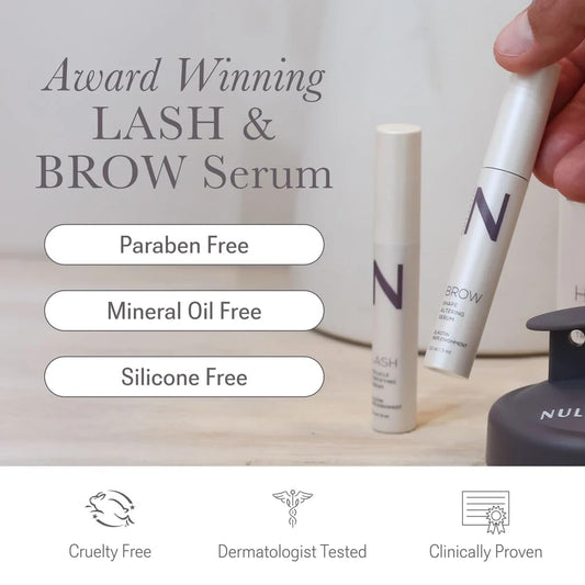 NULASTIN brow serum brush shown for precise, fuller-looking brows.