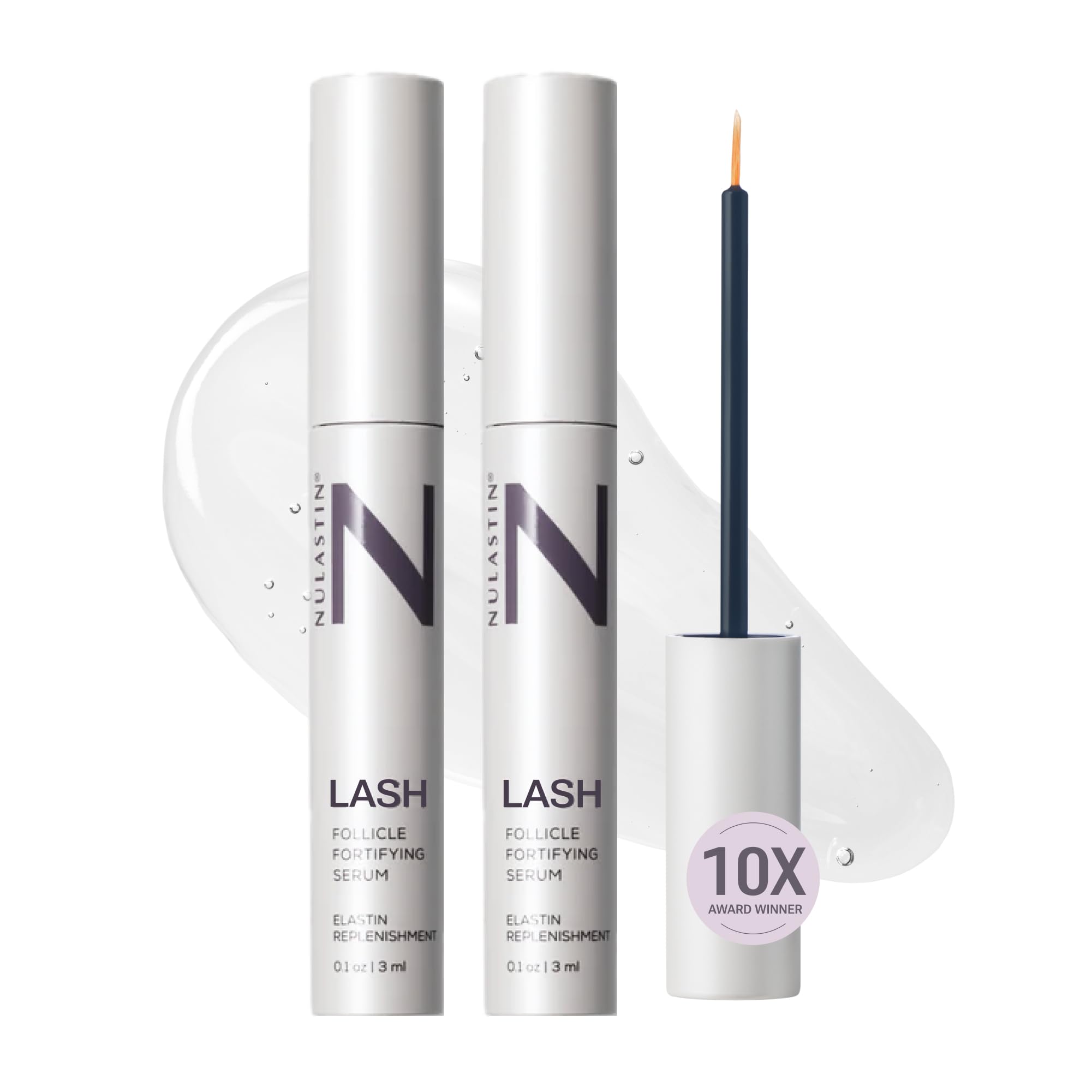 NULASTIN lash serum bottle highlights renewal-powered formula for stronger lashes.