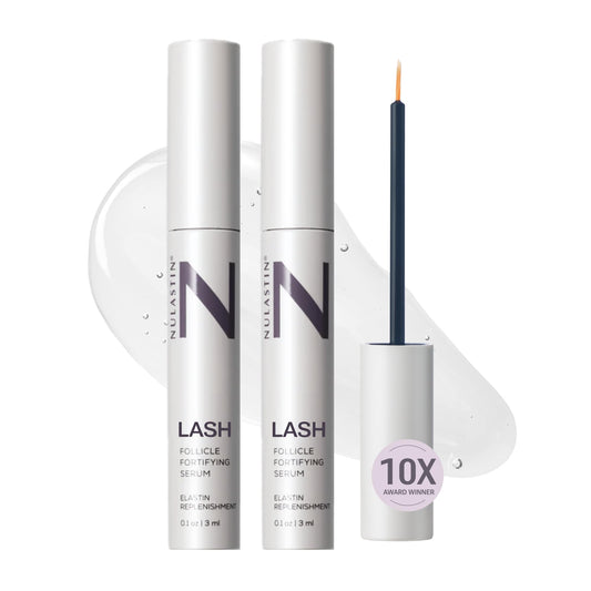 NULASTIN lash serum bottle highlights renewal-powered formula for stronger lashes.