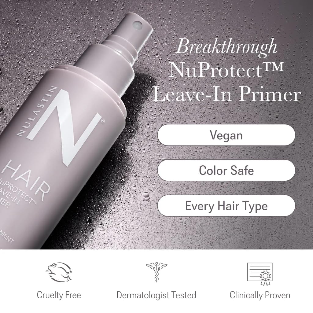 NuProtect spray mist shown for detangling and frizz control during styling.