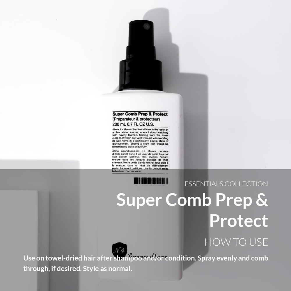 Number 4 detangler leave-in spray shown for quick post-shower combing