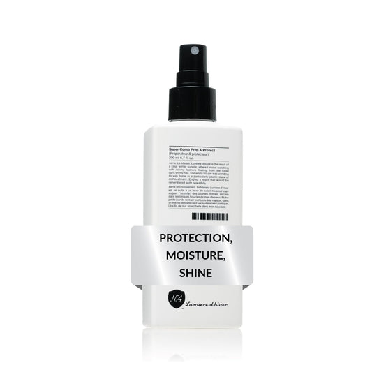 Number 4 Super Comb Prep & Protect bottle showing multi-benefit spray for detangling and heat protection