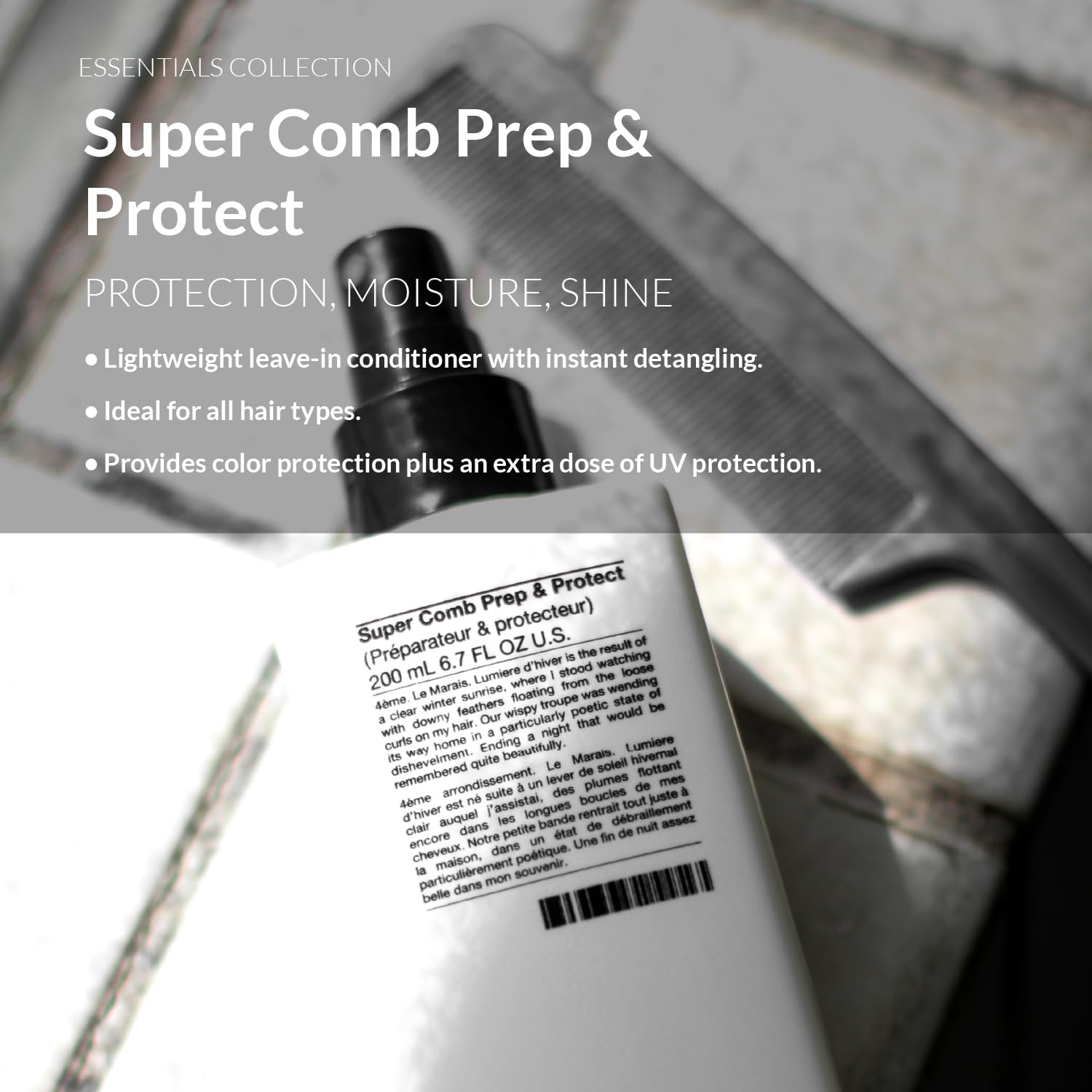 Number 4 Super Comb Prep & Protect spray bottle dispensing for detangling and styling protection