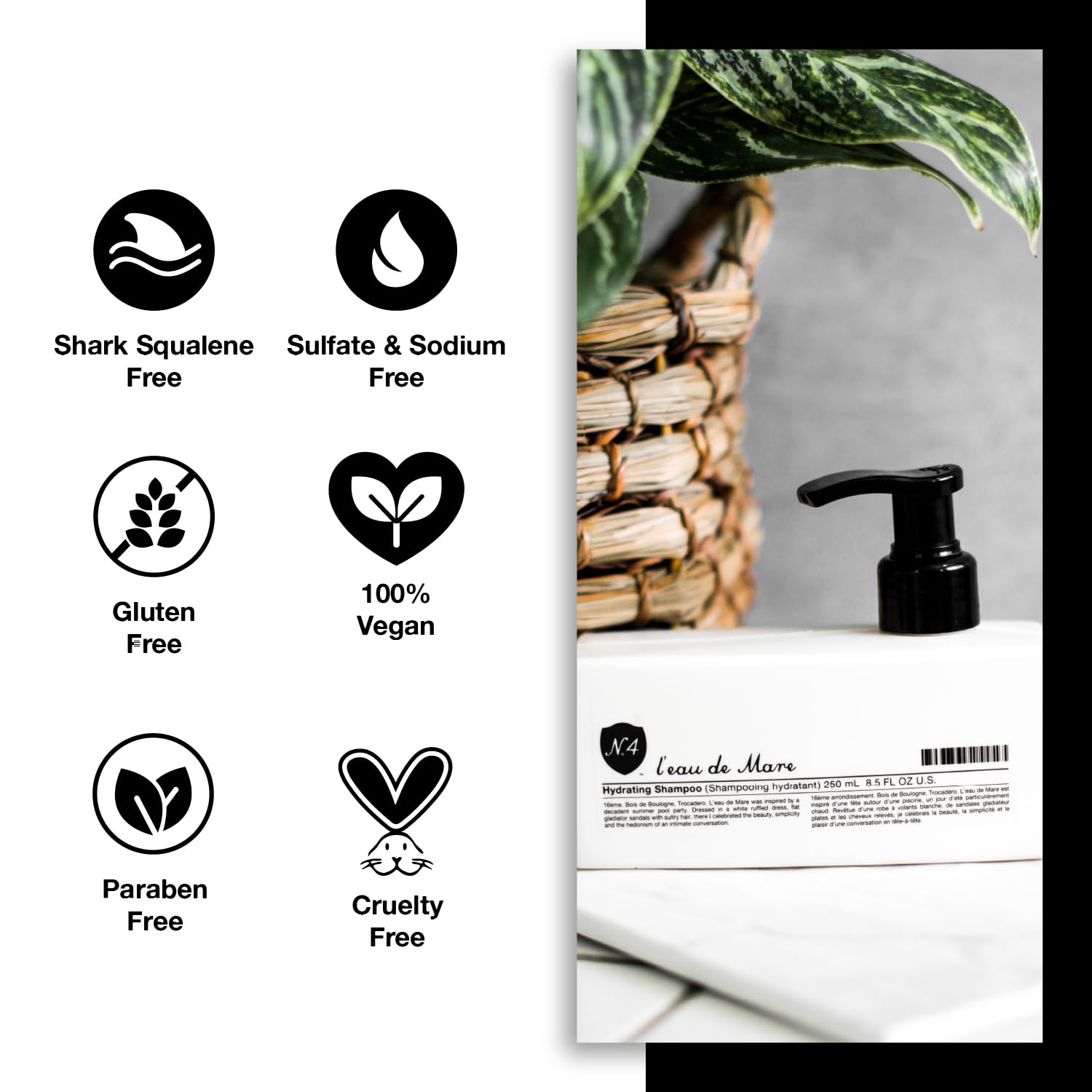 Number 4 Hydrating Shampoo label detail emphasizes sulfate-free formulation