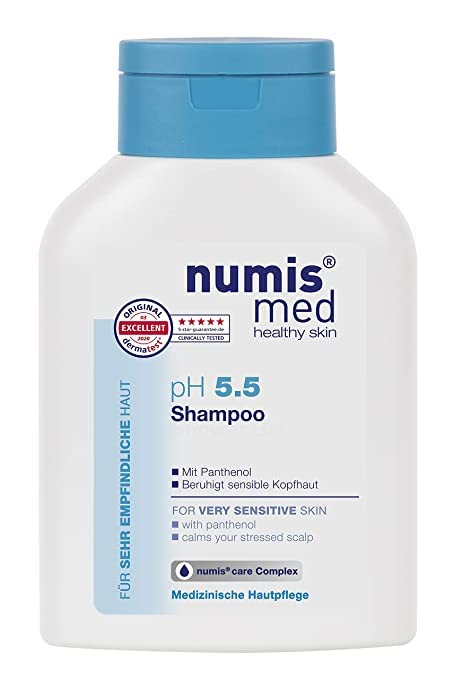 Numis Med ph5-5 daily gentle cleanser bottle highlighting hydration for sensitive scalps.