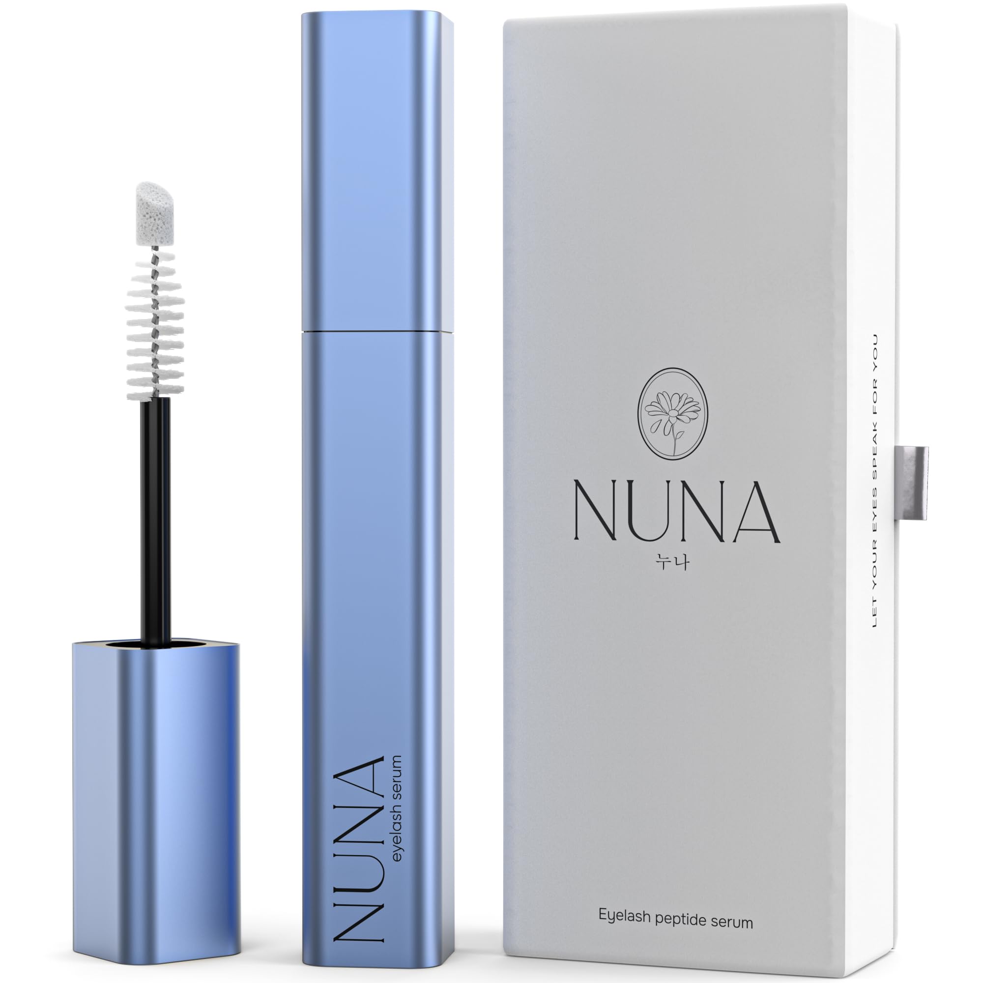 NUNA eyelash growth serum bottle, compact packaging for fuller lashes.
