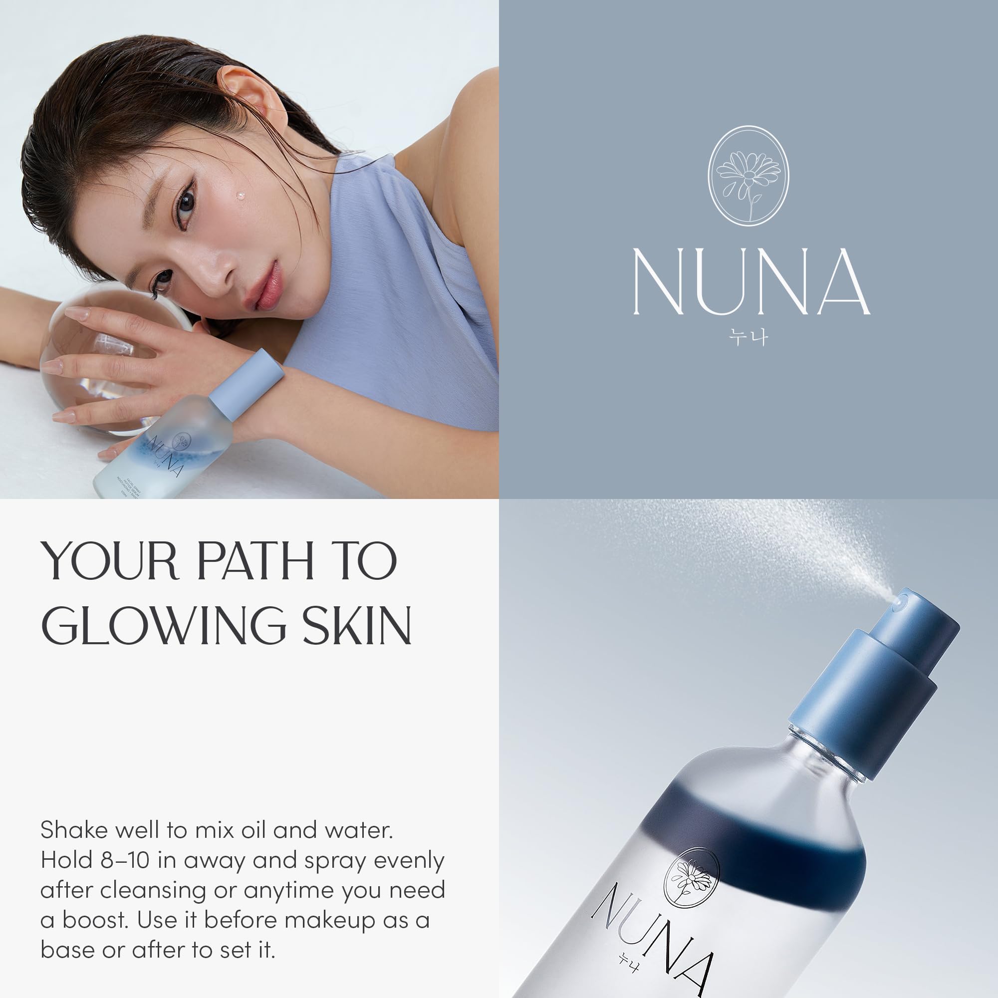 NUNA serum spray closeup label highlights triple-hyaluronic complex.