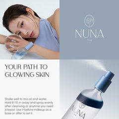 NUNA serum spray closeup label highlights triple-hyaluronic complex.
