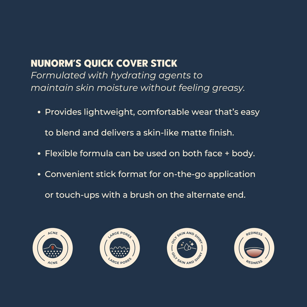 NuNorm Quick Cover Stick stays non-comedogenic and skin-friendly during wear.