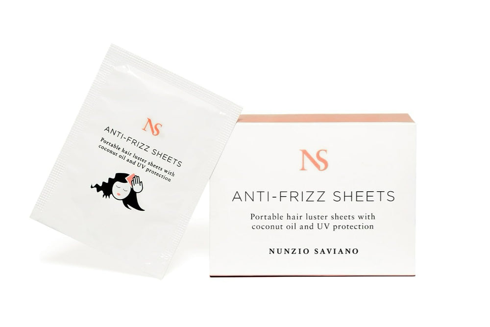 Nunzio Saviano anti-frizz sheets pack for on-the-go frizz control and shine.