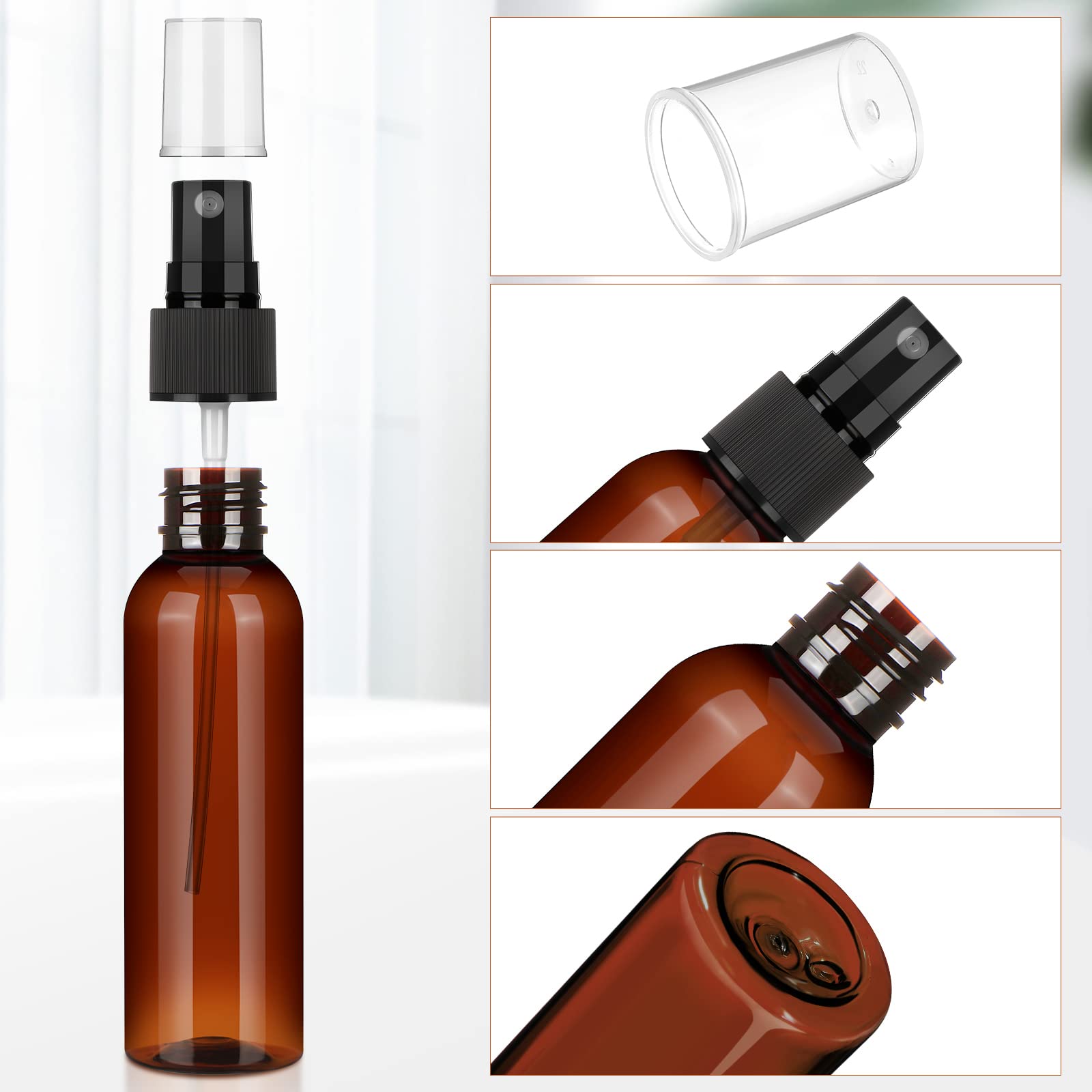 Nuogo amber leak-proof spray bottle cap protects contents and prevents spills during travel.
