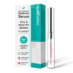 NuOrganic Cosmic Brow serum bottle closeup highlighting nourishing formula for fuller brows.