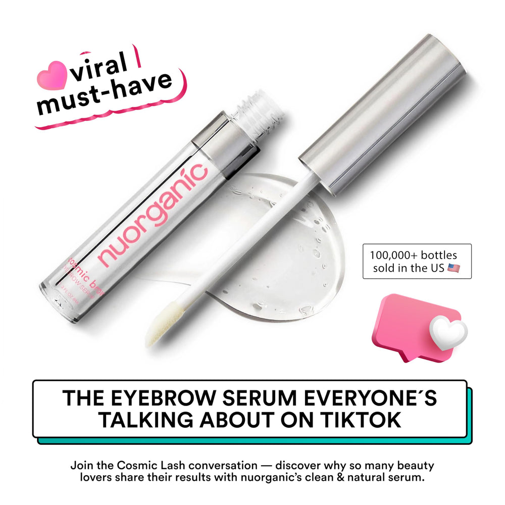 NuOrganic Cosmic Brow serum brush application along natural brow line for definition.