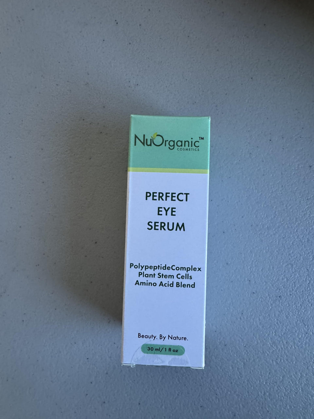 NuOrganic Perfect Eye Serum packaging emphasizes vegan and cruelty-free credentials.
