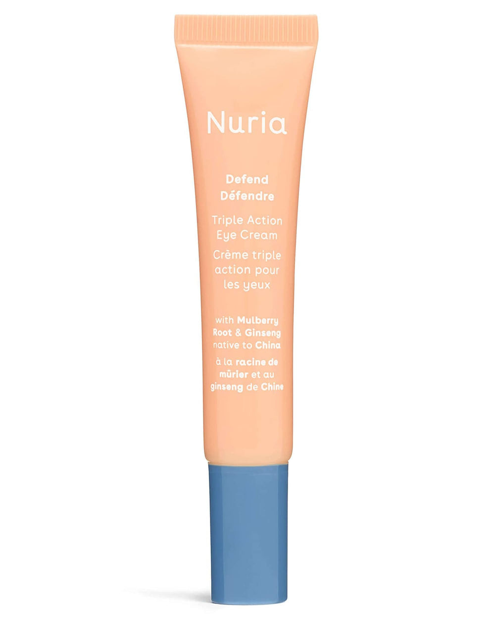 Nuria Defend eye cream bottle front showing sleek packaging for daily under-eye care