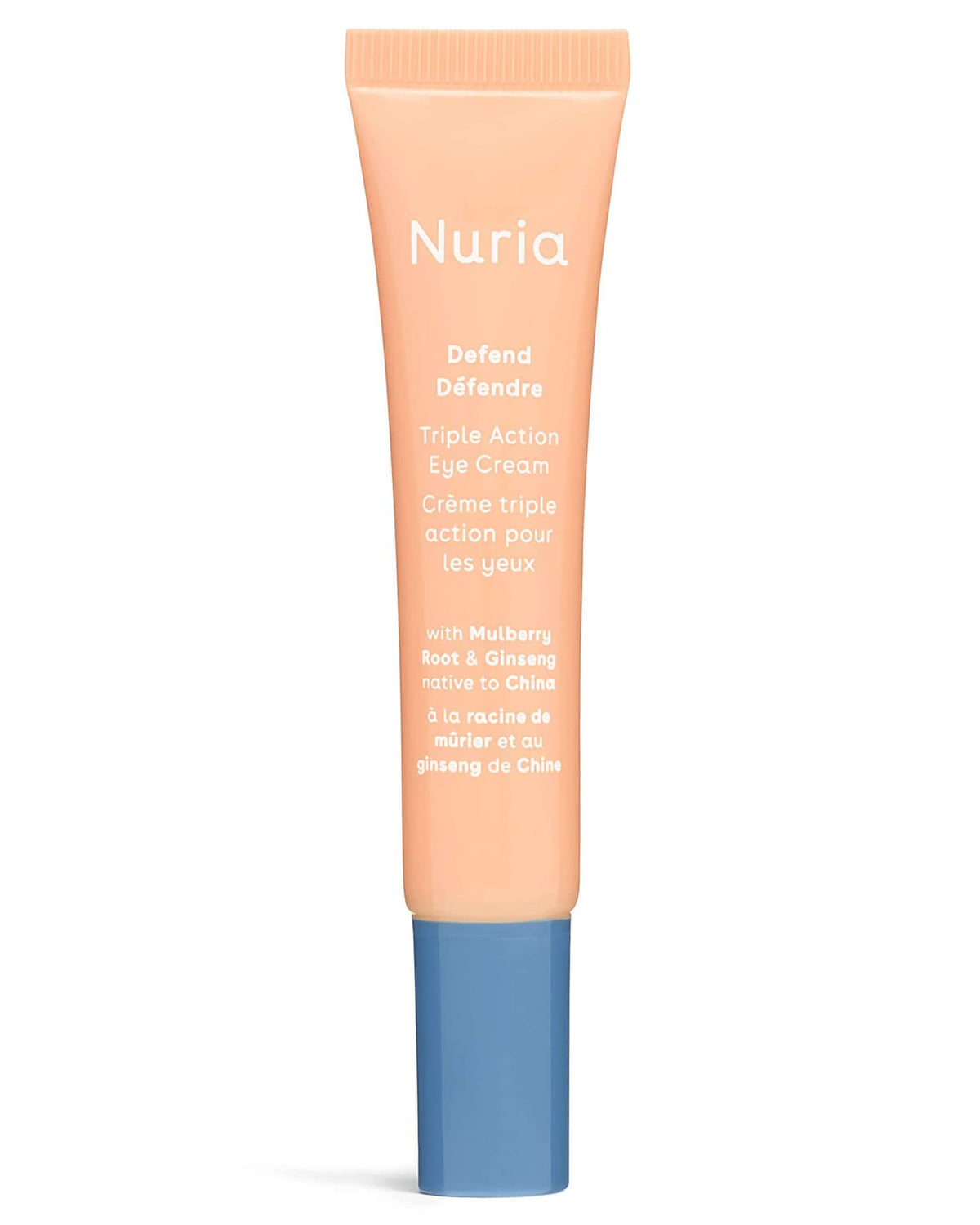 Nuria Defend eye cream bottle front showing sleek packaging for daily under-eye care