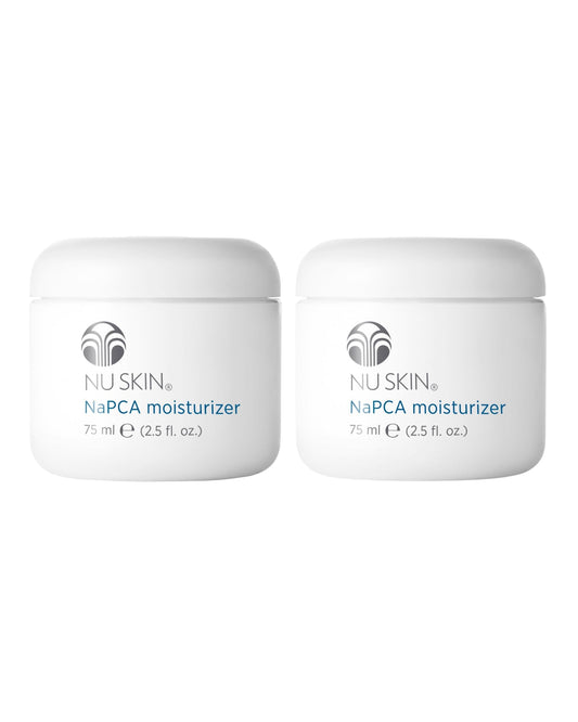 NuSkin NaPCA Moisturizer bottle close-up, highlighting deep hydration for all skin types.