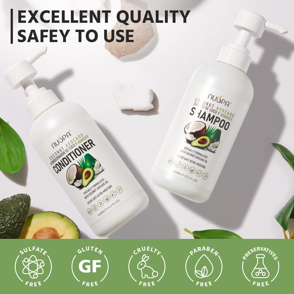 NUSPA Coconut Avocado Conditioner bottle emphasizes color-safe hydration and manageability.