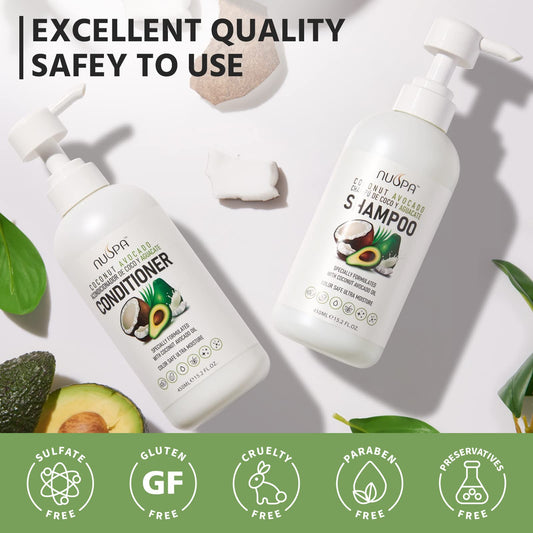 NUSPA Coconut Avocado Conditioner bottle emphasizes color-safe hydration and manageability.