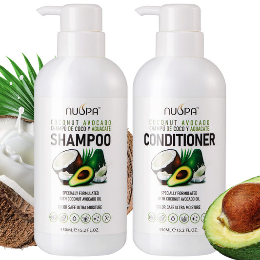 NUSPA Coconut Avocado Shampoo bottle demonstrates ultra moisture for all hair types.