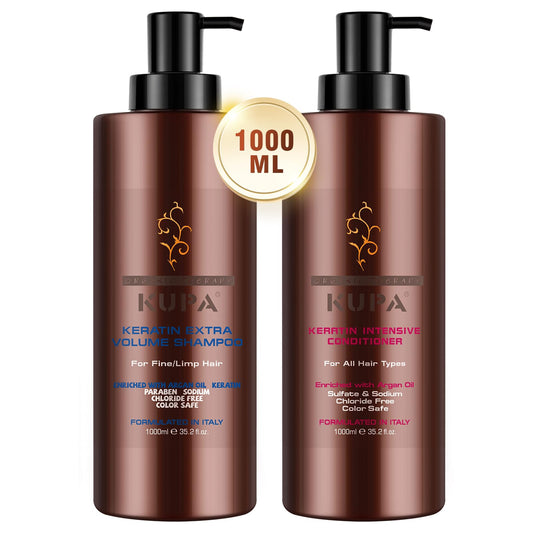NUSPA Keratin Shampoo bottle shows gentle cleansing and added volume for damaged or frizzy hair