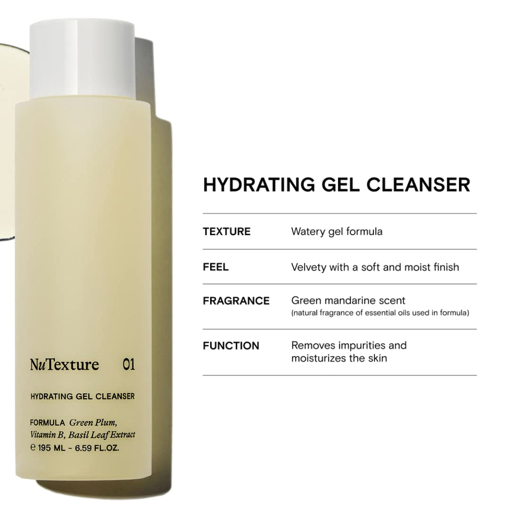 NuTexture Hydrating Gel Cleanser texture closeup highlights a silky, dewy finish