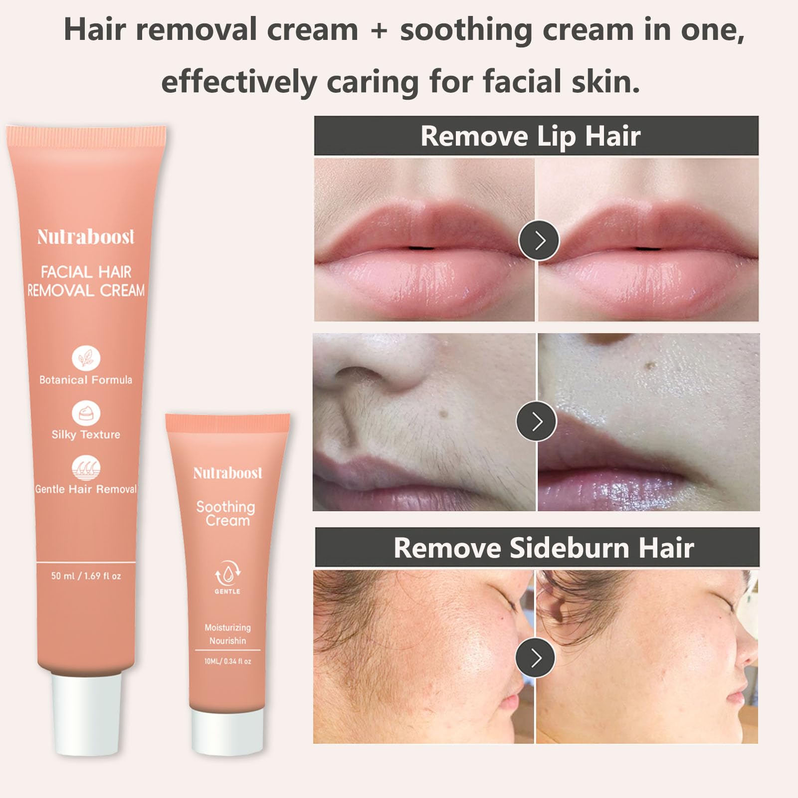 Nutraboost 50ml hair removal cream label close-up highlighting shea butter oil benefits.