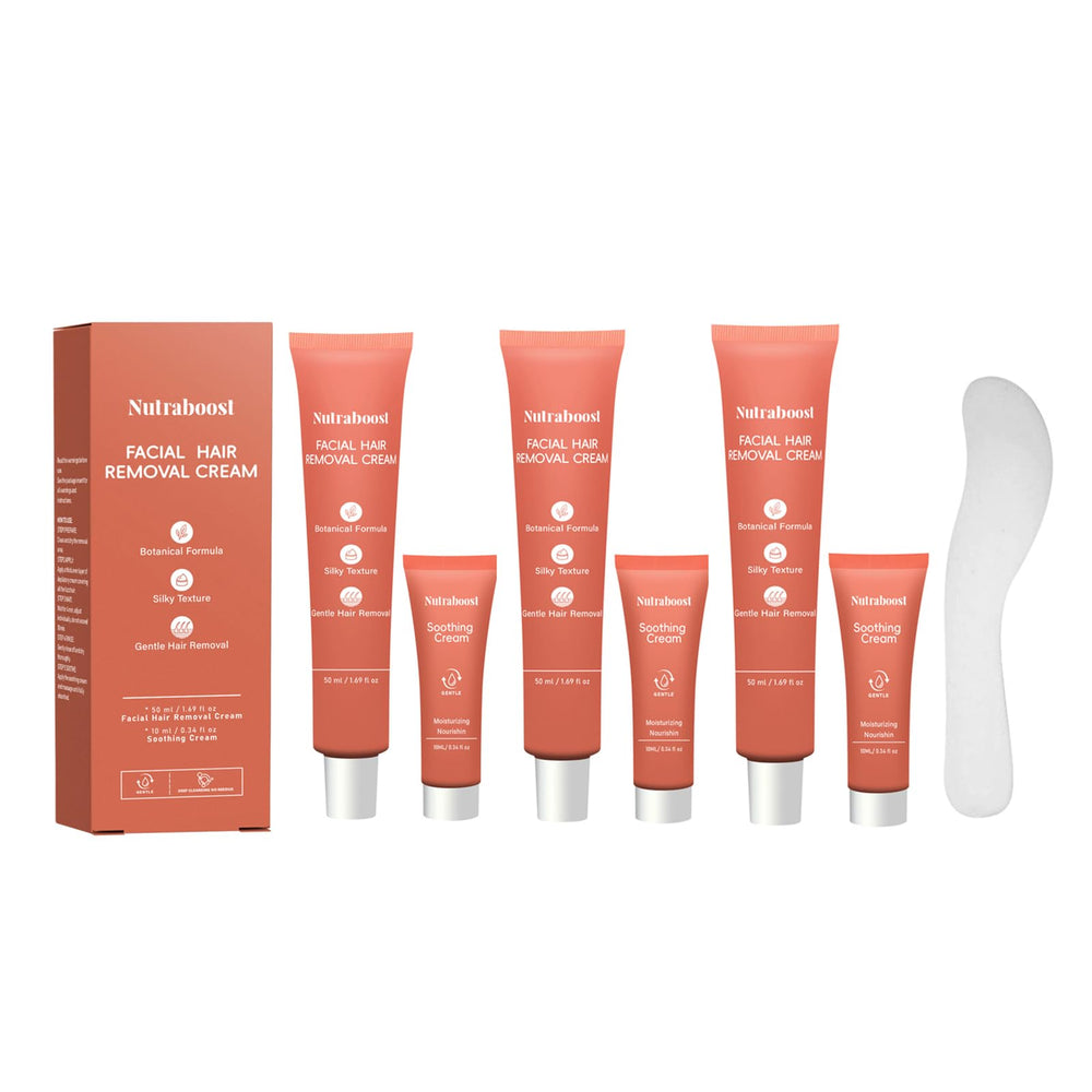 Nutraboost women's facial hair removal cream bottle pour shows quick, comfortable removal.