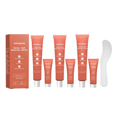 Nutraboost women's facial hair removal cream bottle pour shows quick, comfortable removal.