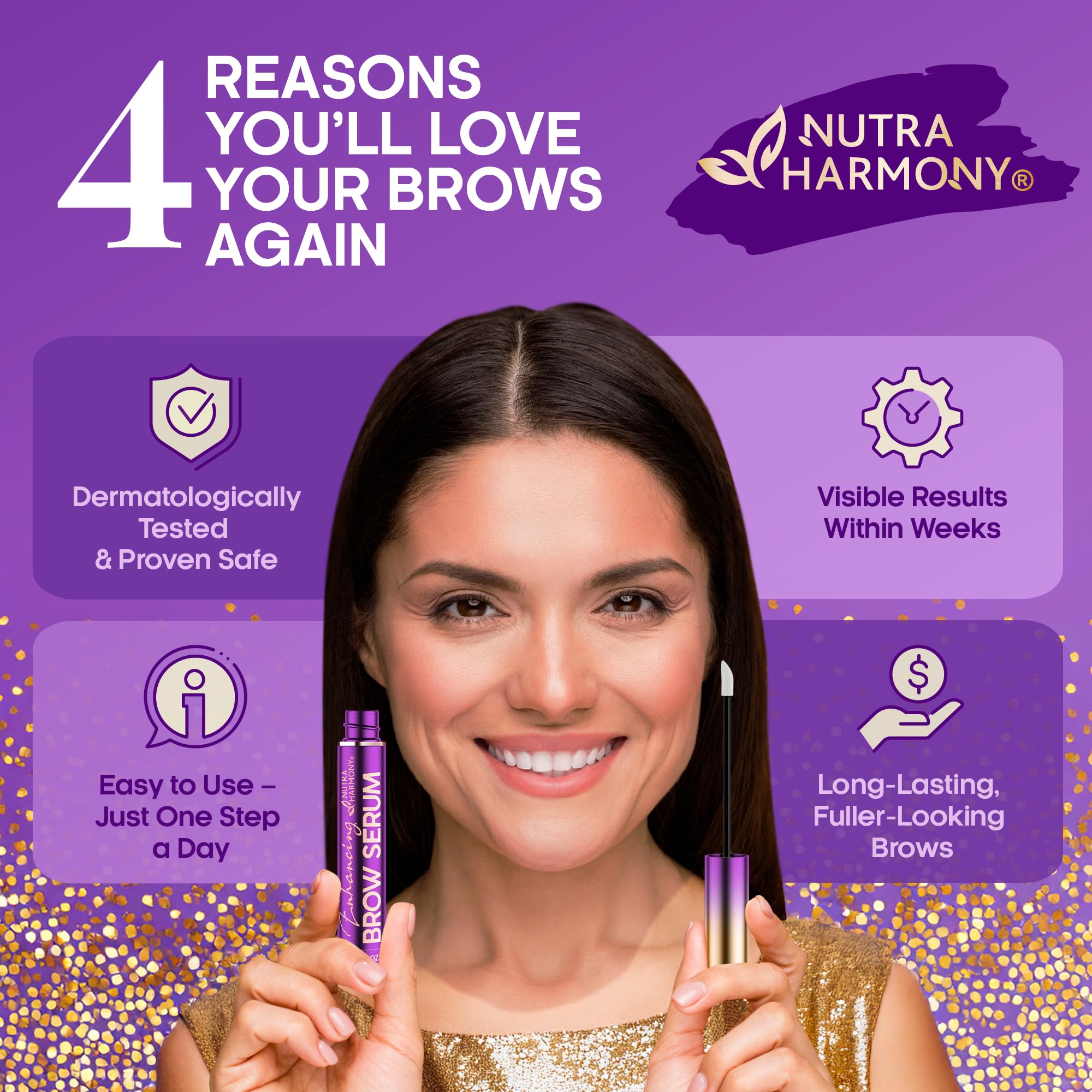 NutraHarmony Brow Serum packaging close-up emphasizing 8ml size.