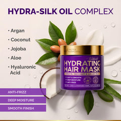 NutraHarmony Hydrating Hair Mask frizz-control image emphasizes smoother, more manageable strands.