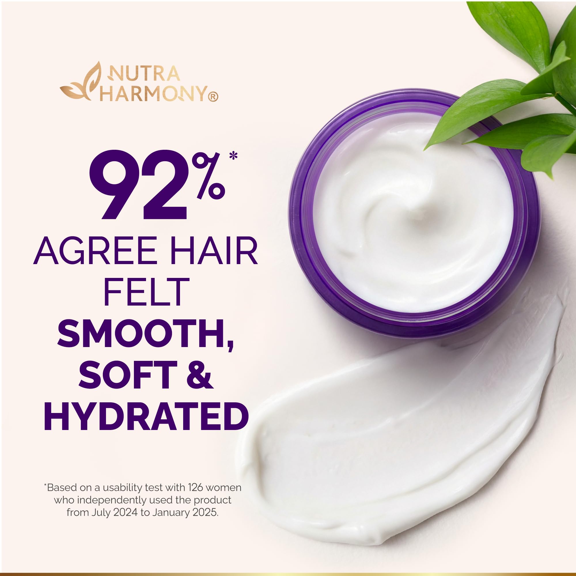 NutraHarmony Hydrating Hair Mask spa moment suggests luxurious self-care during routine.