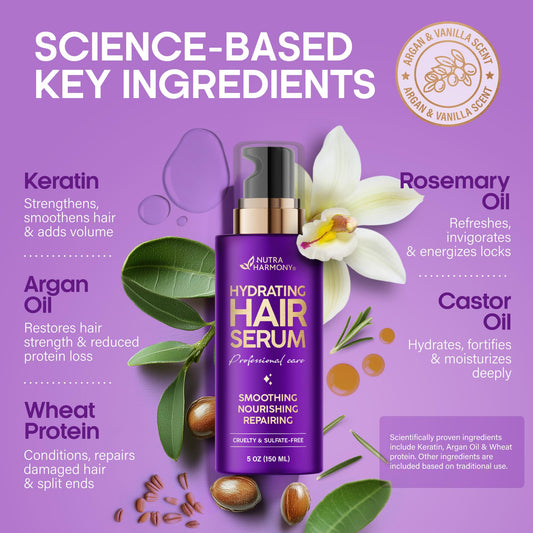 NutraHarmony Hydrating Hair Serum applied on wet hair aids detangling and smoothness.